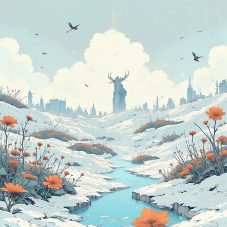 A surreal aerial perspective captures a vast, otherworldly landscape dominated by endless white voids and vivid, flowing colors. The white plains stretch infinitely, smooth and untouched, interrupted by rivers of molten gold, swirling pools of electric turquoise, and deep crimson veins that pulse like lifeblood across the surface. The vibrant hues contrast sharply against the stark emptiness, as if the colors are alive, spilling across the plains with a purpose beyond understanding.
In the center of the image, a half-body silhouette of an animal emerges from the void, its form sharp and shadowy. The creature—perhaps a deer, wolf, or abstract hybrid—stands upright, half-submerged in the bright expanse, its fur or scales reflecting faint glimmers of the colors around it. Its head tilts slightly upward, its expression enigmatic, as though it senses something unseen in the pale, endless sky.
The animal’s form is defined yet unfinished, its lower half dissolving into the white plain, merging with the void. Around it, the surface ripples subtly, creating an almost liquid quality to the snow-like emptiness. The faint shadows of its upper body stretch long and sharp across the ground, disappearing into the vivid pools of color nearby.
Above, the sky mirrors the land, a pale and luminous void with faint streaks of iridescent color, blurring the horizon.