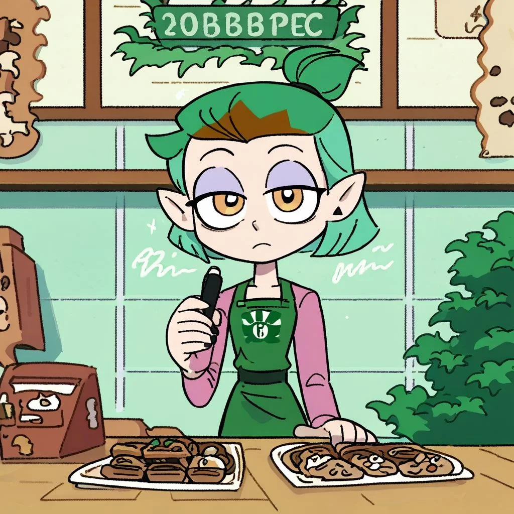 score_9, score_8_up, score_7_up, 1girl, amity blight, yellow eyes, pointy ears, green hair, medium hair, half updo, upper body,
standing, looking at viewer, bags under eyes,
cafe, behind counter, frown, starbucks, starbucks barista, powerpuff