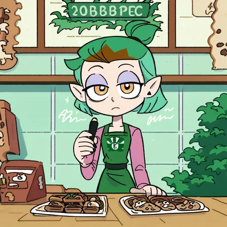 score_9, score_8_up, score_7_up, 1girl, amity blight, yellow eyes, pointy ears, green hair, medium hair, half updo, upper body,
standing, looking at viewer, bags under eyes, 
cafe, behind counter, frown, starbucks, starbucks barista, powerpuff