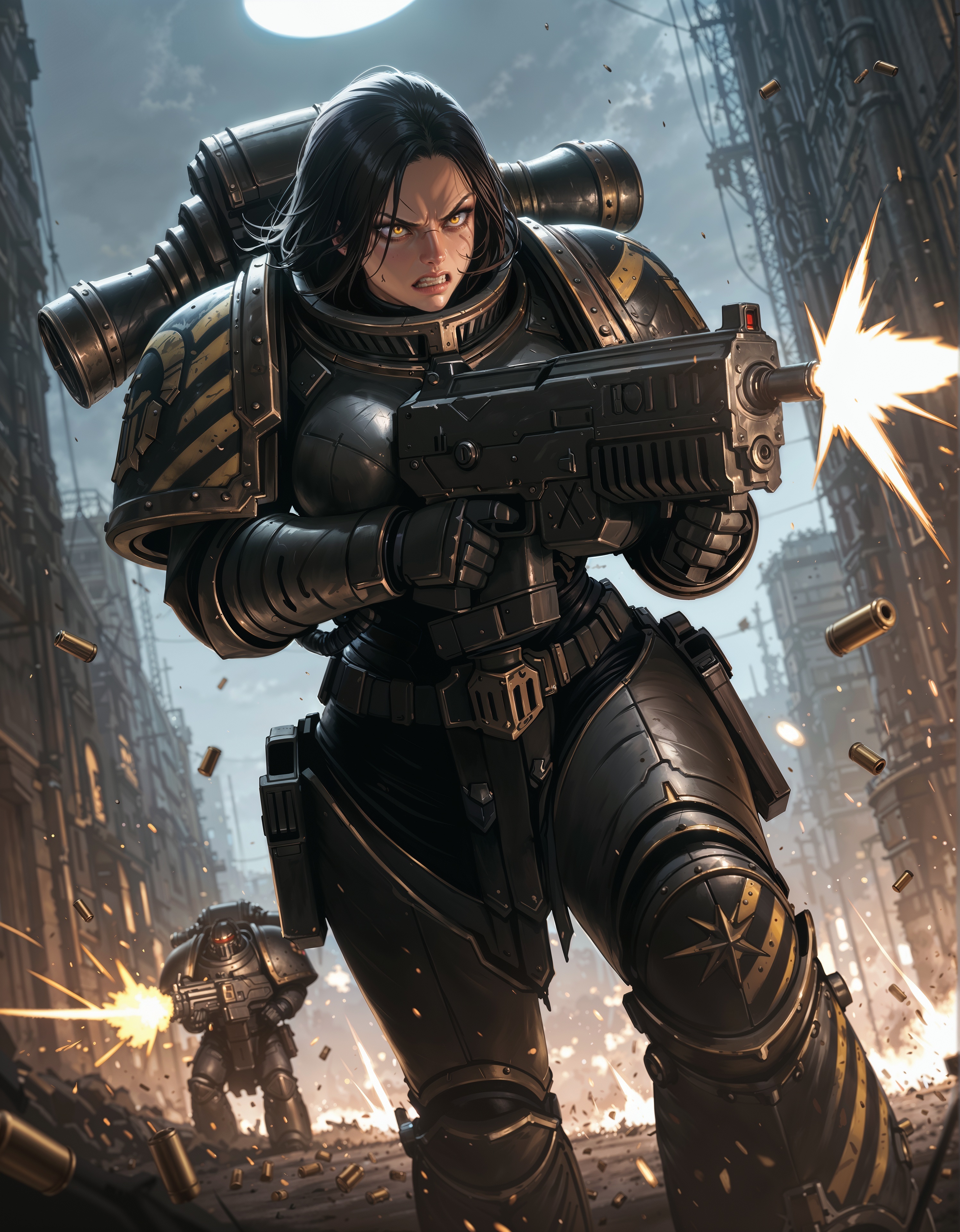 masterpiece, best quality,high quality, newest, highres,8K,HDR,absurdres, dynamic angle, realistic, 1girl, IronW40k, power armor, dark hair, determined eyes, angry, holding bolter, shooting, muzzle flash, flying bullet casings,  <lora:ILLIronW40k:1>