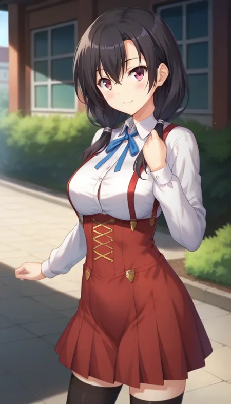 score_9,score_8_up,score_7_up,score_6_up BREAK official art,solo,outdoors,cowboy shot,looking at viewer,facing viewer,smile,blush,(petite:2),Sae Miura,long hair,black hair,low twintails,hair ribbon,hair over shoulder,hair between eyes,parted bangs,pink eyes,school uniform,white shirt,collared shirt,neck ribbon,blue ribbon,large breasts,underbust,long sleeves,shirt tucked in,suspenders skirt,high-waist skirt,red skirt,zettai ryouiki,black thighhighs,uwabaki,white footwear,<lora:Sae Miura(jk ohaborssg)-Pony:1.2>,