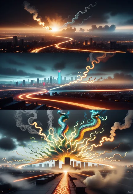 Peacock, snake peacock:1.2, intense action, (smoke and fog:1.1), dramatic lighting, cityscape, dynamic poses, high detail, cinematic, tension-filled atmosphere, vibrant colors, explosive energy.