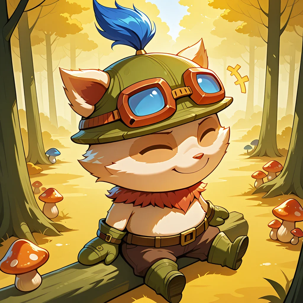 detailed, vibrant, (no lineart:0.9), forest, dynamic pose, dynamic angle, mushroom, animals, multiples animals, sitting, from above,
, <lora:teemo-v3-000014:1> wrteemob, teemo, 1boy,
, goggles_on_green_headwear, blue-tinted eyewear, red goggles, blue hair,
, green mittens, brown wrist_belt, brown pants, green boots, brown belt, +++, autumn,
