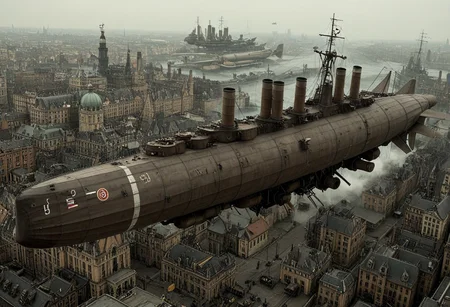 masterpiece, best_quality, very_aesthetic, highres, absurdres, ultra detailed, airship, battleship, steampunk, Victorian,
flying over Victorian city,
airship, vehicle focus, no humans, military vehicle, military, science fiction, aircraft flying, radio antenna, cannon, machinery,rocket launcher,
dark iron, navy gray vehicle,
spiral, pipe ,rivets, ,wire,