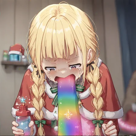 score_7_up, score_6_up, score_5_up, source_anime,
<lora:kotone.santa.pony:0.7>, kotone, aaa, blond hair, twin braids, hair ribbon, black ribbon, green ribbon, santa, indoors, ssd, holding bottle,
<lora:Rainbow_vomit_meme-pony:0.7>, looking down, leaning forward, tears, disgust, rainbow, vomiting rainbows, vomit,