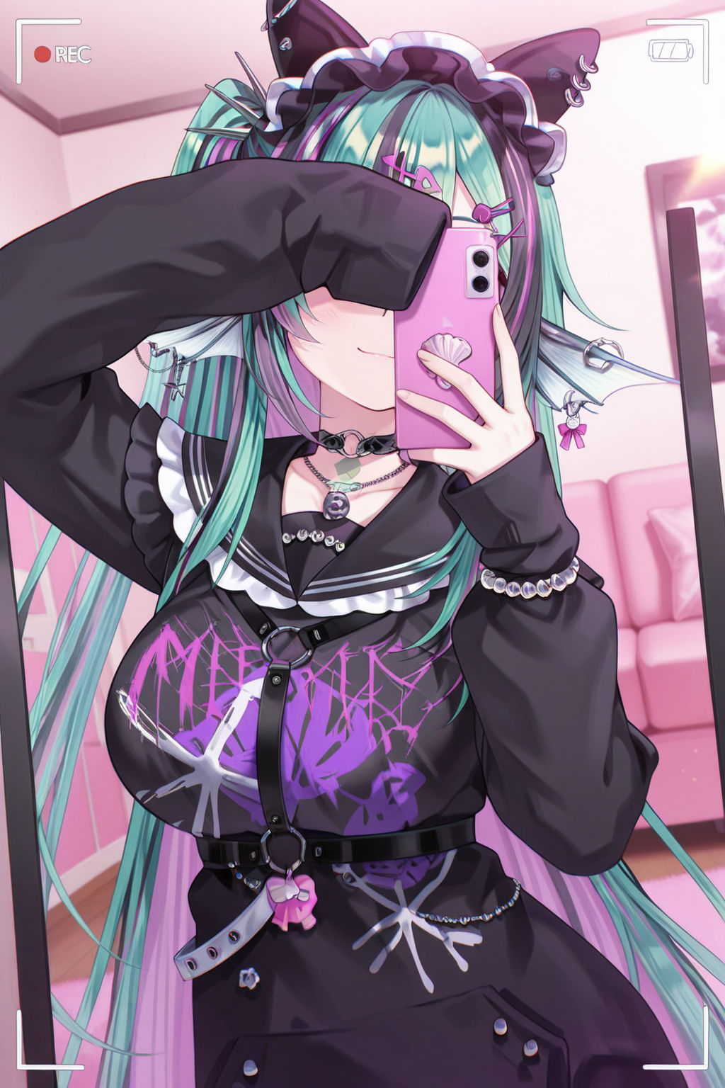 1girl, FinanaRyuguNijisanji, 
general, solo, dutch angle, upper body,
jirai kei, 
hair bow, shell hair ornament, piercing,
hairband, 
fish hair ornament, heart o-ring,
hairclip, x hair ornament,
earrings, 
tattoo, o-ring choker, necklace,
black sailor collar,
long sleeves, sleeves past fingers, bracelet, 
black dress, large breasts, chest harness, black belt, seashell,
jewelry, 
selfie, smile, holding, smartphone, hand up, covering eyes,
indoors, living room, viewfinder,
<lora:kp_FinanaRyuguNijisanji4thCostumeIllustrious_v1_0:1.0>,
masterpiece, best quality, amazing quality