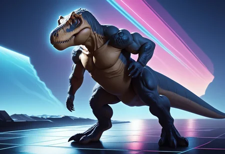 score_9, score_8_up, score_7_up, muscular dinosaur, full body, tyrannosaurus, dramatic lighting, retrowave,
