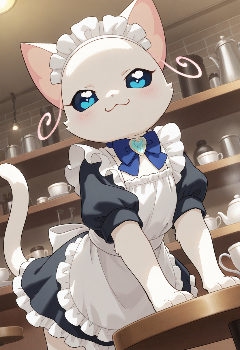 best quality, masterpiece, very aesthetic, yukicat, no humans, brooch, cat, blue eyes, :3, cat tail, bowtie, white fur, heart-shaped pupils, furry, maid outfit, maid headdress, cafe, color sclera