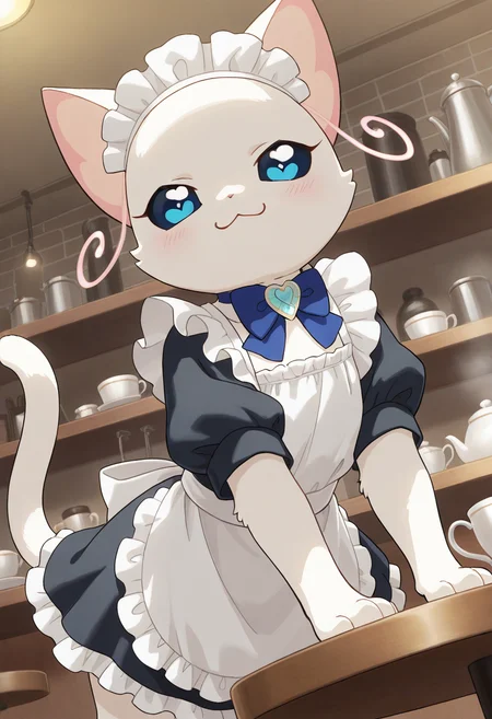 best quality, masterpiece, very aesthetic, yukicat, no humans, brooch, cat, blue eyes, :3, cat tail, bowtie, white fur, heart-shaped pupils, furry, maid outfit, maid headdress, cafe, color sclera