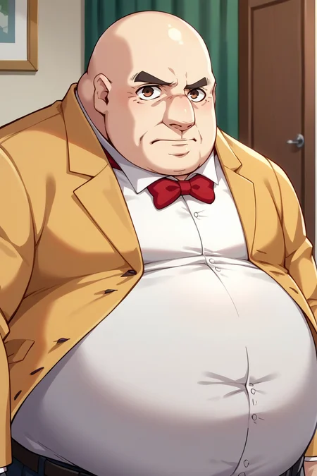 score_9, score_8_up, score_7_up, score_6_up, source_anime, BREAK male focus, <lora:p5kobayakawa-pdxl-nvwls-v1-000005:1> p5principal, fat man, obese, bald, yellow jacket, formal, white shirt, red bow tie, upper body, looking at you