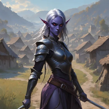 dark elf warrior, holding a polearm, village background, 1woman,
