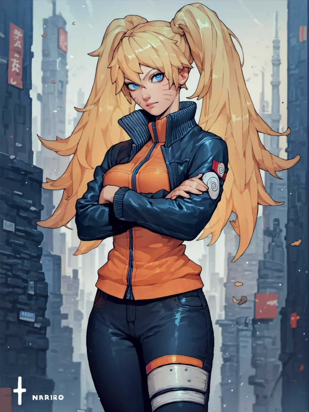 score_9, score_8_up, score_7_up, score_6_up, score_5_up, score_4_up, source_anime, cityscape,
(female Naruko:1.2), clothing, jacket, pants, pinup, contrapposto, wide hips, looking at viewer, crossed arms,
<lora:Naruko_PD6XL_1:1>