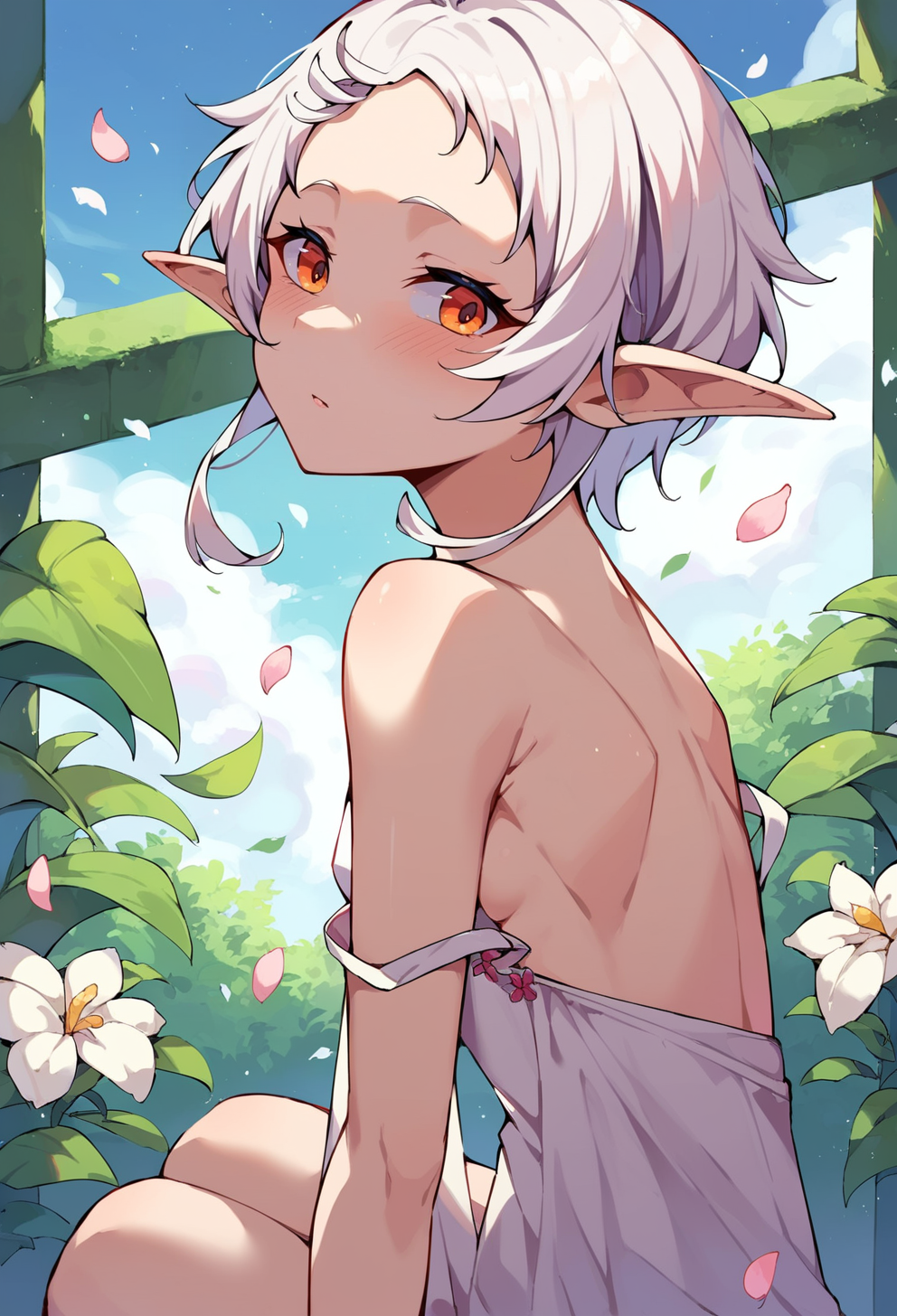 score_9, score_8_up, score_7_up, score_6_up, source anime, BREAK,
 <lora:sylphiette:1> eihplyspnxl, sylphiette \(mushoku tensei\),
1girl, pointy ears, solo, flower, looking at viewer, elf, sitting, short hair, small breasts, strap slip, white flower, parted lips, white camisole, seiza, bare shoulders, petals, blush, bottomless,
upper body, from side
