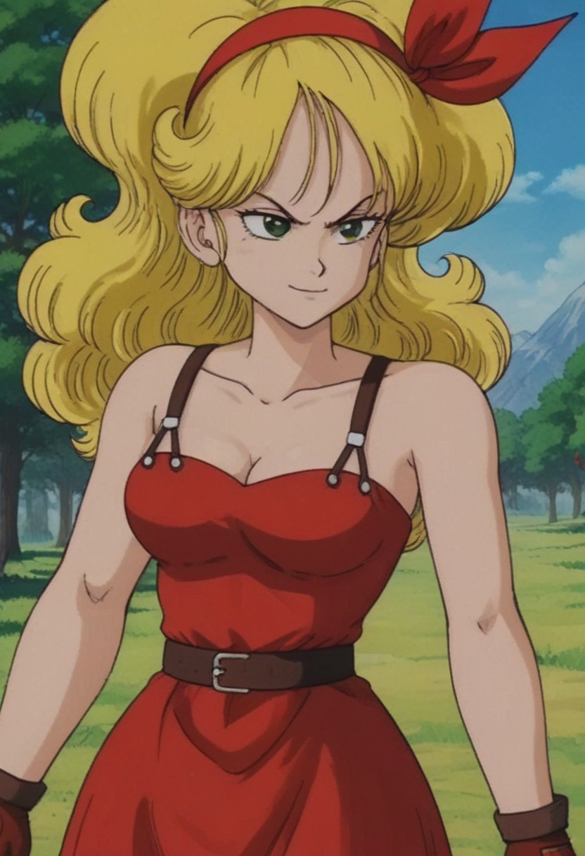 Outdoors, trees, blue sky, mountains, source_anime, source_cartoon, Thick outlines, 80s style anime filter, good angles
launch bad, smug face, blonde hair, long hair, curly hair, green eyes, red dress, red mini skirt, fierce look, fighting stance, pose