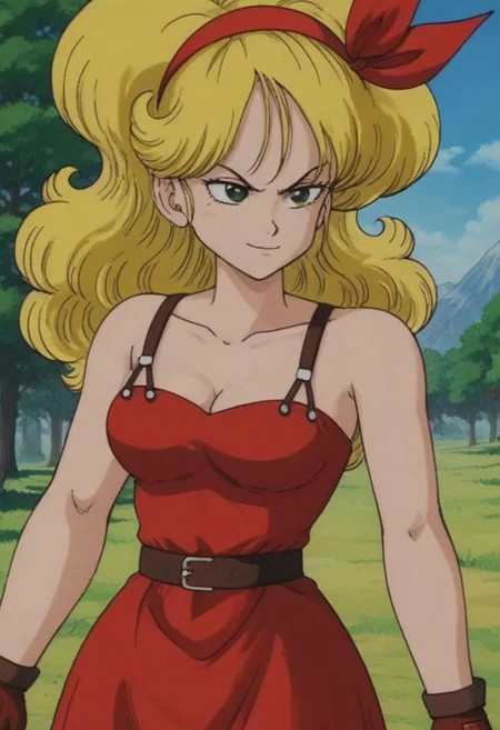 Outdoors, trees, blue sky, mountains, source_anime, source_cartoon, Thick outlines, 80s style anime filter, good angles
launch bad, smug face, blonde hair, long hair, curly hair, green eyes, red dress, red mini skirt, fierce look, fighting stance, pose