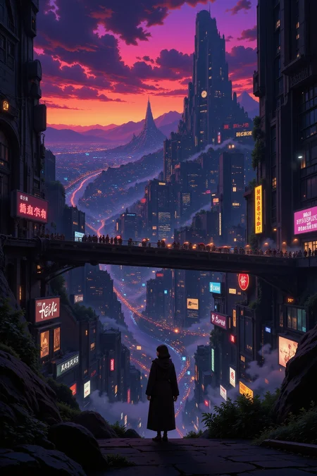a futuristic sci-fi fantastic cyberpunk city beautiful  landscape, dusk, woman, very intricate, very detailed, sharp, bright, colorful, <lora:Hand v2:0.5> <lora:Anti-Blur:1><lora:Insane Detail Slider:0.25>  <lora:flux.1_lora_flyway_Epic-detail_v2:0.3> <lora:fluxenhancer:0.25> <lora:Anime_style:0.6> anime style