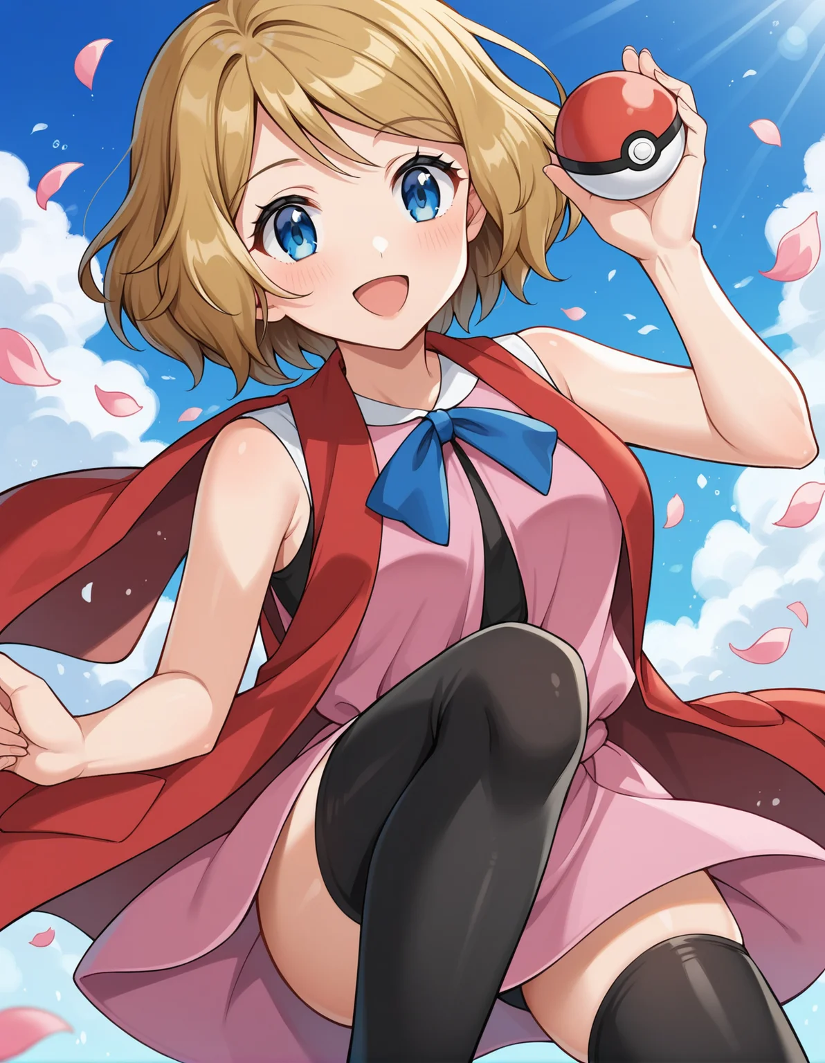 score_9, score_8_up, score_7_up, source_anime, rating_safe, BREAK <lora:pokeSerena_XL-Pony_LoRA-C3Lier_16-16-8-8_AdamW_Un3e-4_Te1.5e-4_10batch>, serena \(pokemon\), 1girl, blue eyes, eyelashes, short hair, blonde hair, neck ribbon, blue ribbon, pink shirt, sleeveless, bare arms, red jacket, pink skirt, black thighhighs, dutch angle, hand up, smile, happy, open mouth, holding poke ballt, floating, dutch angle, blush, closed mouth, flower, petals, falling petals, light rays, light particles, blue sky, cloud