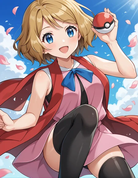score_9, score_8_up, score_7_up, source_anime, rating_safe, BREAK <lora:pokeSerena_XL-Pony_LoRA-C3Lier_16-16-8-8_AdamW_Un3e-4_Te1.5e-4_10batch>, serena \(pokemon\), 1girl, blue eyes, eyelashes, short hair, blonde hair, neck ribbon, blue ribbon, pink shirt, sleeveless, bare arms, red jacket, pink skirt, black thighhighs, dutch angle, hand up, smile, happy, open mouth, holding poke ballt, floating, dutch angle, blush, closed mouth, flower, petals, falling petals, light rays, light particles, blue sky, cloud
