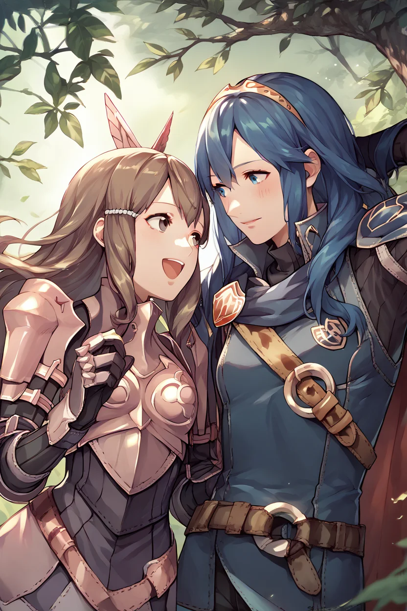 score_9, score_8_up, score_7_up, score_6_up, source_anime, two girls looking at each other, forest BREAK 1girl <lora:fesumia-pdxl-nvwls-v1-000005:1> sumia, brown hair, brown eyes, wing hair ornament, purple dress, short dress, belt, armored dress, pink armor, gauntlets, open mouth, happy BREAK <lora:lucina-pdxl-nvwls-v1:1> defLuci, long hair, tiara, cape, shoulder armor, blue tunic, long sleeves, cuffs, blue scarf, fingerless gloves, belt, pants, arm behind head, smile, blush