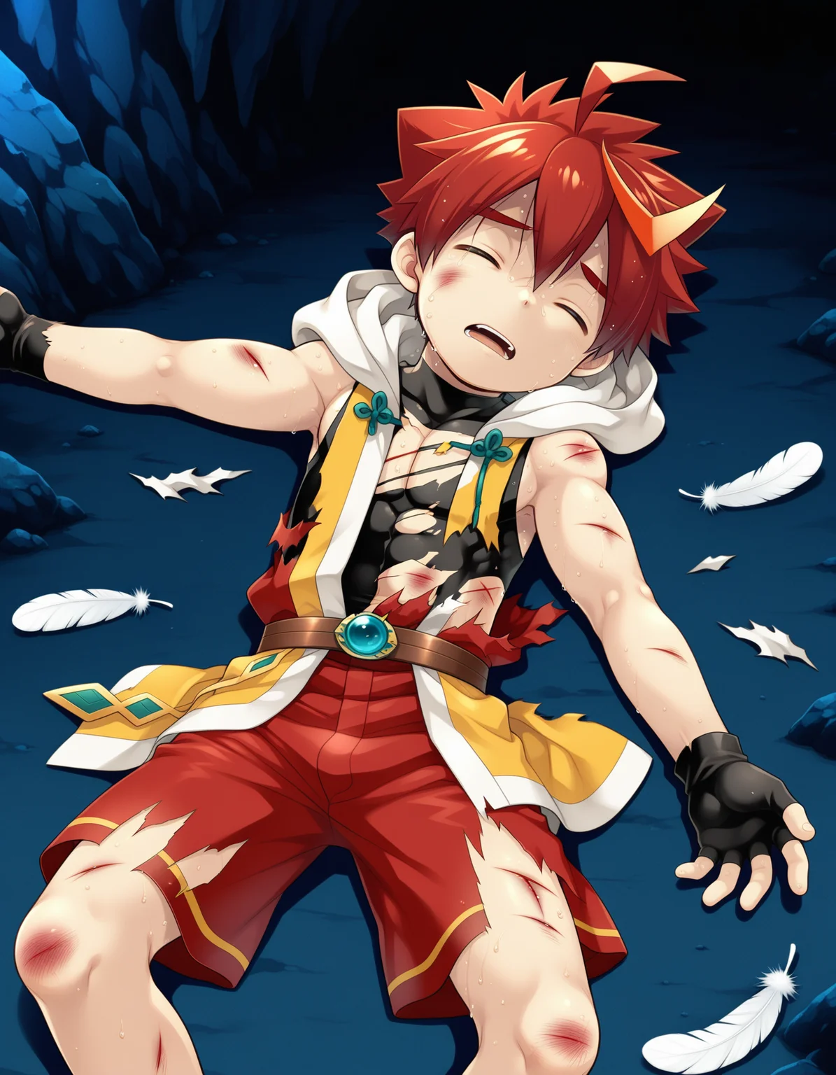 masterpiece,best quality,amazing quality
BREAK
izumi,solo,1 boy,tilt head,(exhausted:1.2),closed eyes,Bruised body ,pain,,(injury:1.5),lying,open mouth,(torn clothes:1.2),sweat,,open hand,spread arms,ahoge, male focus, multicolored hair, red hair, shorts, sleeveless, black gloves, hood, fingerless gloves,, feathers, red shorts,cave
BREAK
<lora:izumi_ill_hassaku_896_1152_v1:1>