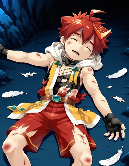 masterpiece,best quality,amazing quality
BREAK
izumi,solo,1 boy,tilt head,(exhausted:1.2),closed eyes,Bruised body ,pain,,(injury:1.5),lying,open mouth,(torn clothes:1.2),sweat,,open hand,spread arms,ahoge, male focus, multicolored hair, red hair, shorts, sleeveless, black gloves, hood, fingerless gloves,, feathers, red shorts,cave
BREAK
<lora:izumi_ill_hassaku_896_1152_v1:1>