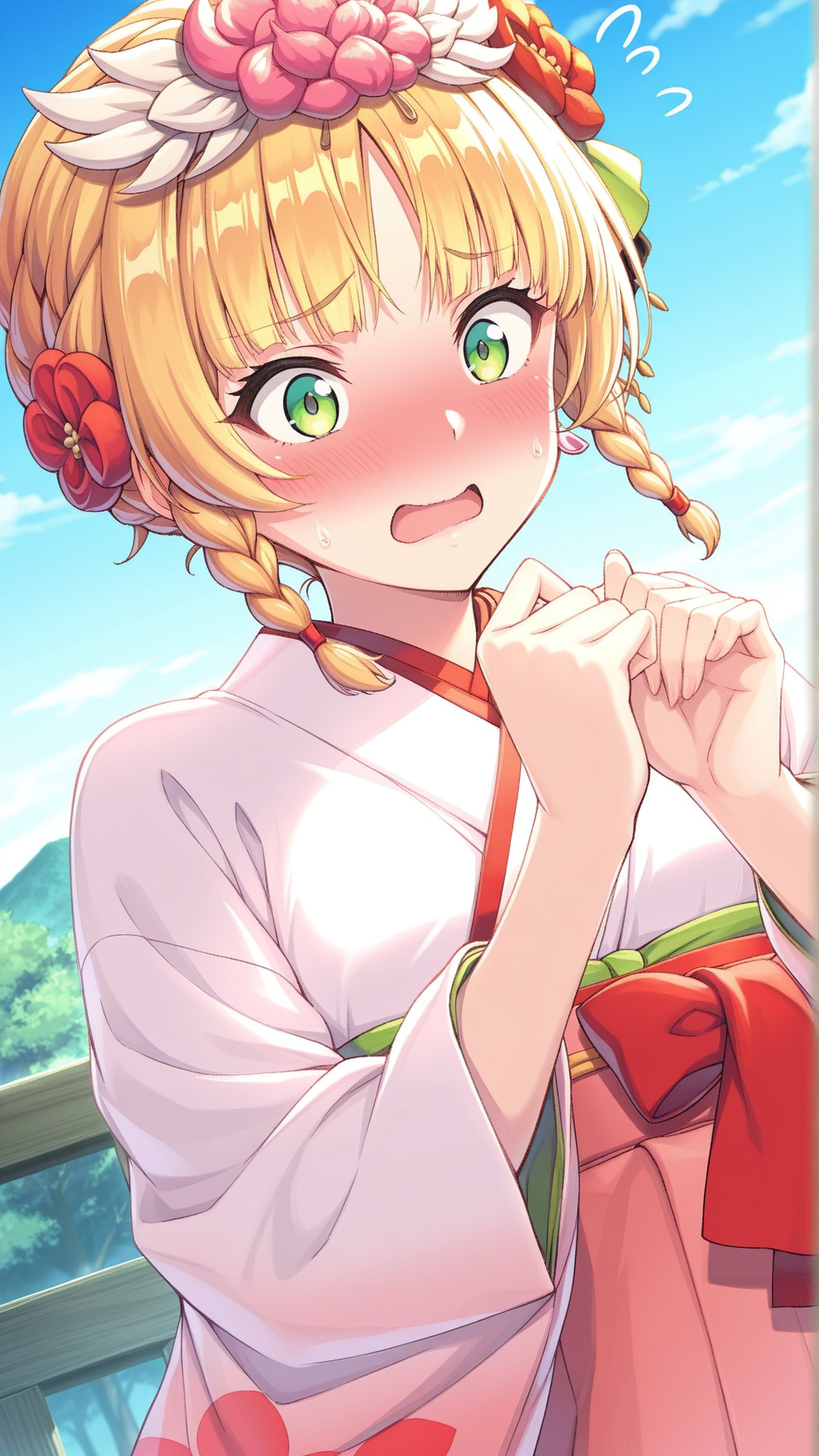 source_anime, general, best quality, masterpiece,  <lora:Urpina_ill_v1.0:1> urpina\(scarlet grace\),blonde hair,green eyes, hair flower, short hair,braid,hair ornament, Japanese Kimono,flustered,  dynamic pose, dutch angle,