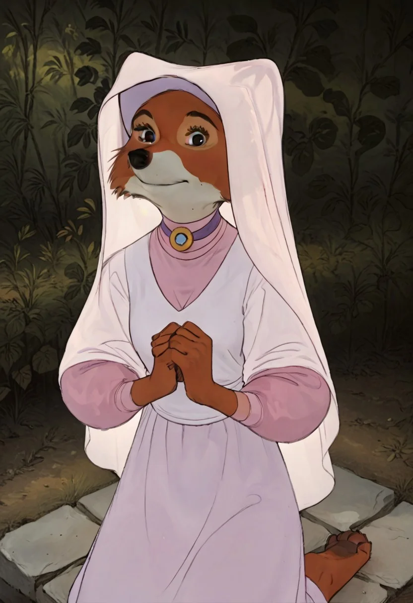 score_9, score_8_up, score_7_up, anthro, furry, Maid Marian, 1girl, breasts, nipple slip, downblouse, masterpiece, kneeling, in forest. detailed background, beautiful, demur, ((shy, bashful, coy, head inclined downwards)), orange fur, (dark purple dress), short hair, pink hair, bedroom eyes, smiling, looking up, looking at viewer, (hands in lap, arms lowered), high angle view
