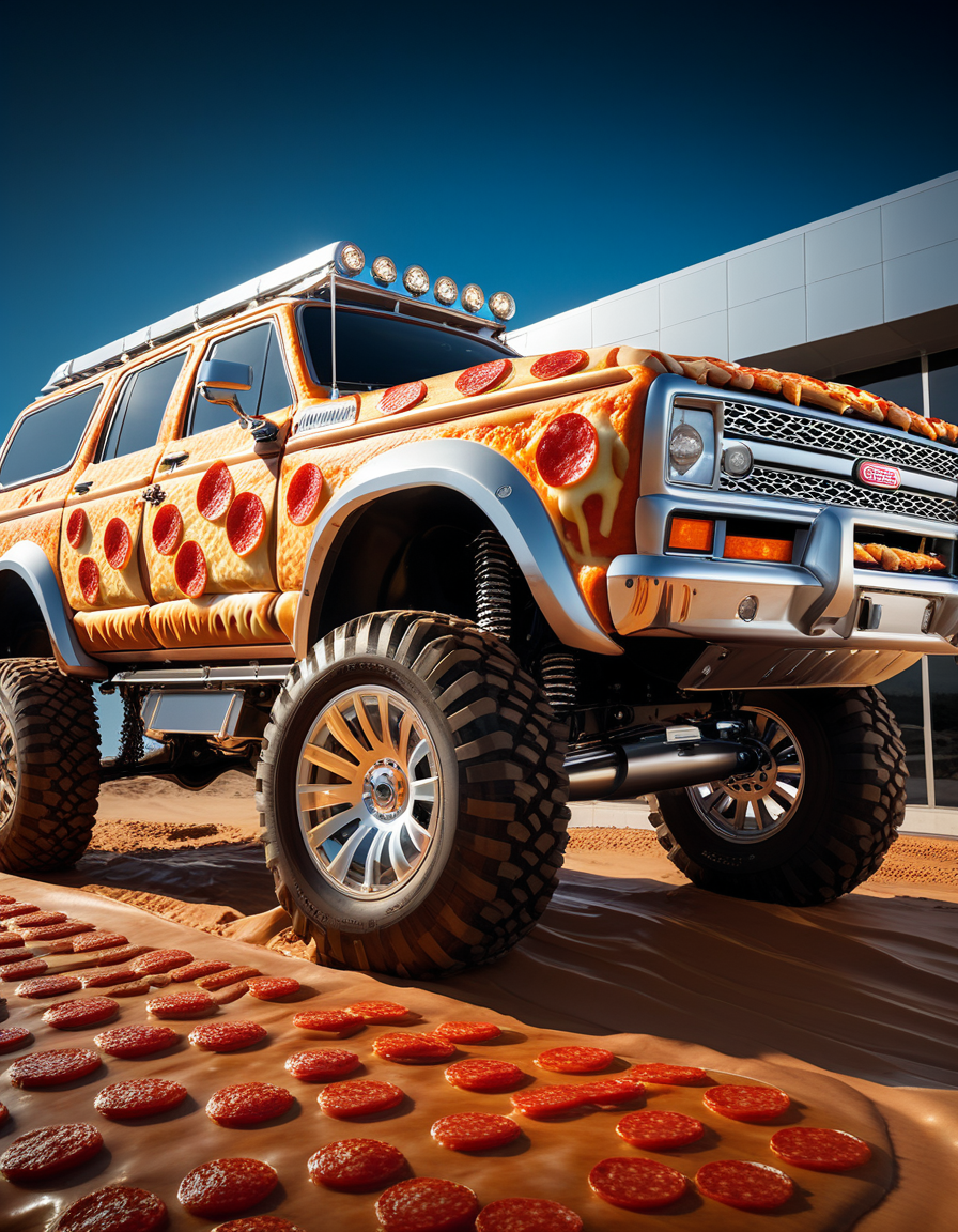 Advertising poster style , masterpiece, best quality, very aesthetic, absurdres, 
from below, volumetric lighting, SFW, pizzasdx, 
huge Conveyance,  sliding rear windows, off-road lights, mud flaps, alloy wheels, aluminum, cutting-edge,  faux woodgrain,  with pizza skin, 
<lora:Pizza_World_Morph_SDXL:0.8> <lora:ponyv5_noobV065S_1_adamW-000013:0.6>, . Professional, modern, product-focused, commercial, eye-catching, highly detailed