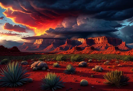 Navajo tribal land by sunrise, sacred navajo site, a storm brewing in the immense sky over the red rock, mesa, yuccas, small lizard, red rock and peebles, dryied plants, drought, hyper realistic, dreamland, etheral land, photorealism, 4k, photorealistic, deep tones, blazing sunset, threatening clouds