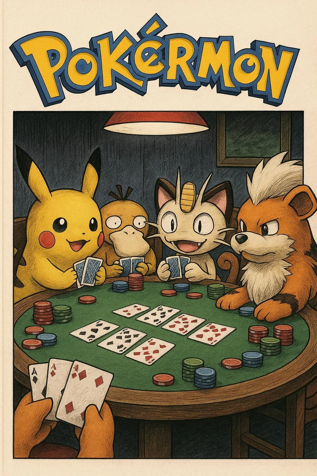 manga cover, pikachu, meowth, growlithe, psyduck, all around table playing poker, with title "pokérmon" in same style as pokémon logo