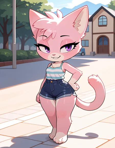 masterpiece, best quality, very aesthetic, absurdres,
outdoors, casual, 
full body, standing, posing,
seductive smile, parted lips, long eyelashes,
 <lora:Jana_v01_NAIXL:1>
J4n4,1girl,solo,furry,furry female,cat girl,cat ears,purple eyes,animal nose,body fur,two-tone fur,pink fur,white fur,cat tail,