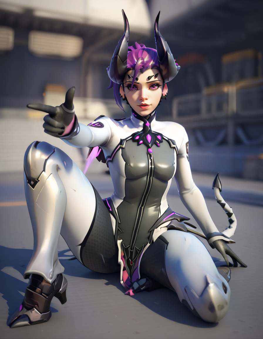 score_9, score_8_up, score_7_up, Masterpiece, high-res, 2k, best quality, 3d, 1girl, mercy (overwatch), imp mercy , purple hair , white bodysuit, tail  <lora:Devil_imp_mercy_pony-000040:1> Sitting with one leg raised and arms reaching forward