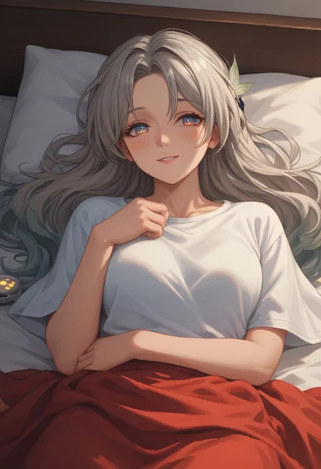 score_9, score_8_up, score_7_up, socre_6_up, score_5_up, best quality, expressive eyes, perfect face, ratting_safe, , d3p1x3l, pixel art, scenery, solo,score_9,score_8_up,score_7_up, solo, soft light, high res, super detailed, 1girl, bedroom, alarm clock, morning routine, , smile, blush, looking at viewer, laying, on bed, dynamic pose, solo, cowboy shot, white tight shirt, blanket over body, Firefly_Honkai,, , grey hair, long hair, mature female