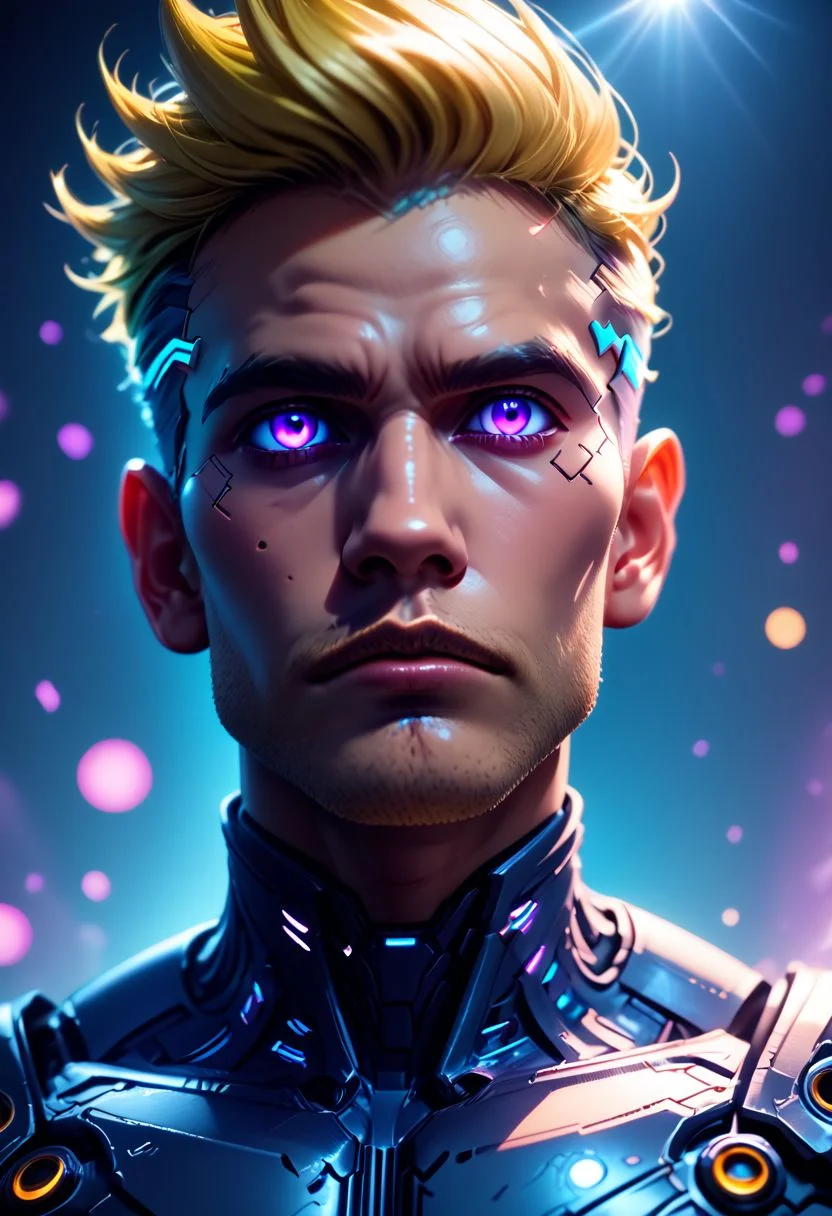 spltzz,  epic, illustration, render, volumetric lighting, 1boy, solo, male focus, stubble, light facial hair, handsome, two tone hair, blue hair, blonde hair, purple eyes, cybernetic armor, depth of field, full body, standing in a spaceship, (fantasy), (lens flare, light leak, prismastic), Unreal Engine 5, (side-lighting), (cyberpunk), dynamic angle, (close up), zPDXL  PonyXLV6_Scores