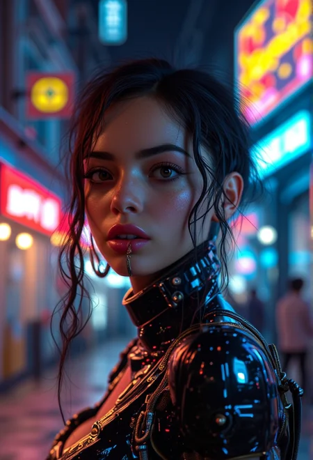 A portrait of a cyberpunk character in a neon-lit urban environment . The scene is detailed and realistic, emphasizing the futuristic, cyberpunk aesthetic. The setting is immersive, with intricate details like city lights .<lora:bv-cybstyenh-v1.safetensors:1.0:1.0>