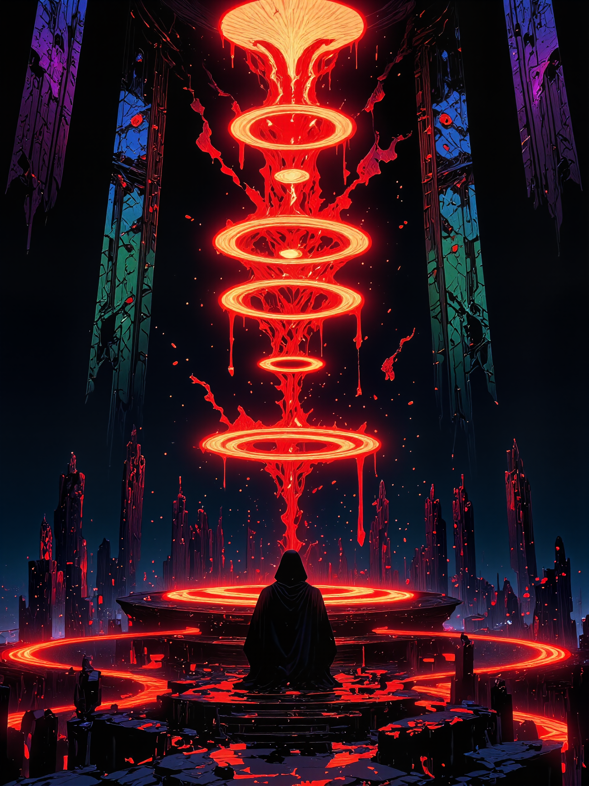 famous masterwork sci-fi digital painting, hyper-realistic, photo-realistic, ultra detailed, high resolution, uhd, 8k, 4k, epic, highly aesthetic, dramatic, accurate, the composition follows the rule of thirds, at night, dim lighting, falling from the sky, they're cast out from the heaven's light, drenching the soil with blood, baptized in the fire hole, the devil's spawn no longer breathes, descending angels and fallen kings, raise your hands, what do you hold? the devil's bleeding crown, call upon it's father, bless the goat, the womanizer, take him to astaroth, inanna's temple of uruk, the devil's spawn no longer breathes, descending angels and fallen kings, raise your hands, what do you hold? the devil's bleeding crown, shifting forms, crystal spires, a thousand eyes, mindless horror, cosmic oblivion, twisted reality, hooded wraith, the color palette is predominantly scarlet and indigo blue and obsidian black and sea green and lavender, high contrast, lovecraftian, cthulhu mythos, ovg, mythp0rt, ne0nfant4sy, midjourney_whisper_avant_couture, <lora:style-mythic_fantasy-v2-flux-by_velvets:0.92> <lora:style-neon_fantasy-flux-by_neowave:0.6> <lora:epic_gorgeous_details-balance-flux-by_flyway:0.68> <lora:style-midjourney_lucid_dreams-flux-by_kawaiikitsuneai:0.2> <lora:midjourney_whisper_avant_couture-flux-by_aihonobono2023:0.84>