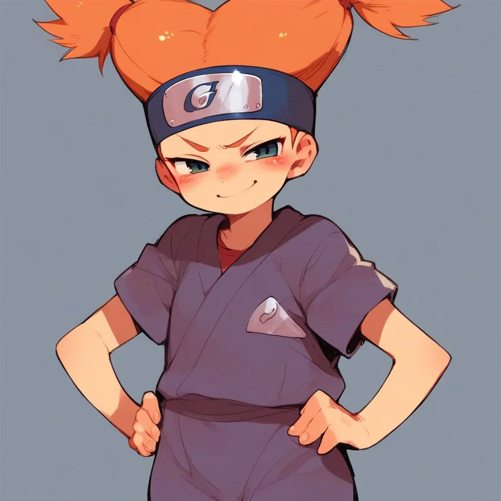 score_7, score_8, score_9, 1girl, moegi, orange hair, twintails, forehead protector, blush, hands on hips, small body, smirk, cute, petite,