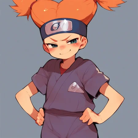 score_7, score_8, score_9, 1girl, moegi, orange hair, twintails, forehead protector, blush, hands on hips, small body, smirk, cute, petite,