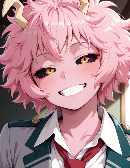 <lora:Mina Ashido Illu:1>
m1na, 1girl, pink skin, u.a. school uniform, pink hair, smile, horns, colored sclera, red necktie, white shirt, short hair, messy hair, collared shirt, looking at viewer, half-closed eyes, grin, teeth, yellow eyes, upper body, collarbone, portrait, head tilt, blush,
bedroom,
<lora:CFG Scale Boost:0.7>, masterpiece, best quality