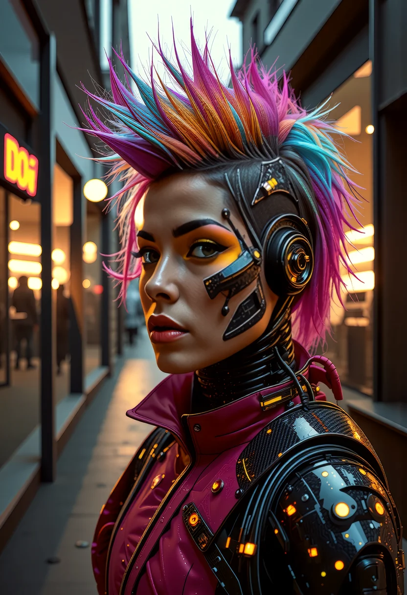 avantgardepunk style. Cutting-edge fusion of art, music, fashion, and technology featuring bold, colorful patterns, distorted proportions, abstract shapes, augmented mechanical enhancements. Include punk-inspired hairstyles, makeup, accessories, and an atmosphere of creativity and rebellion. at sunset, a cyberpunk_2077 person stands proudly outside a futuristic D&G-style boutique, sleek carbon fiber mechanical arms, atmospheric perspective, hairstyle a riot of colorful spikes and dye, augmented enhancements visible, glowing circuits and fiber-optic strands and LEDs of pulsing with energy, and explosion of creative chaos, vibrant colors and bold outlines, style of Wayne Barlowe meets Jean-Paul Goude, <lora:art and styles/MysticFantasy.safetensors:1.0>, <lora:wlop:0.8>,<lora:flux_trainer/fluxPunk_v11>