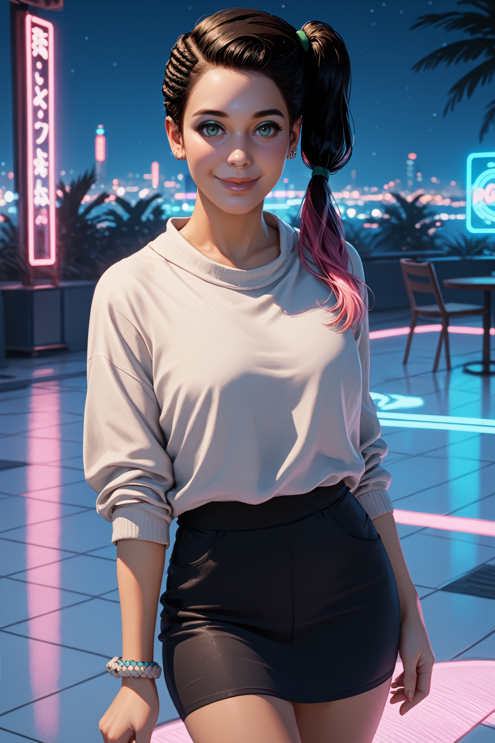 score_9, score_8_up, score_7_up, score_6_up
<lora:WDSitara:0.8>
WDSitara, 1girl, side ponytail, long hair, black hair, nose piercing, make up, looking at viewer, dancing in a empty disco floor, smiling, with pink and blue neon lights, at night in Tokyo, cinematic light