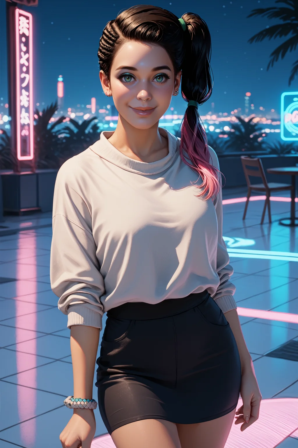 score_9, score_8_up, score_7_up, score_6_up
<lora:WDSitara:0.8>
WDSitara, 1girl, side ponytail, long hair, black hair, nose piercing, make up, looking at viewer, dancing in a empty disco floor, smiling, with pink and blue neon lights, at night in Tokyo, cinematic light