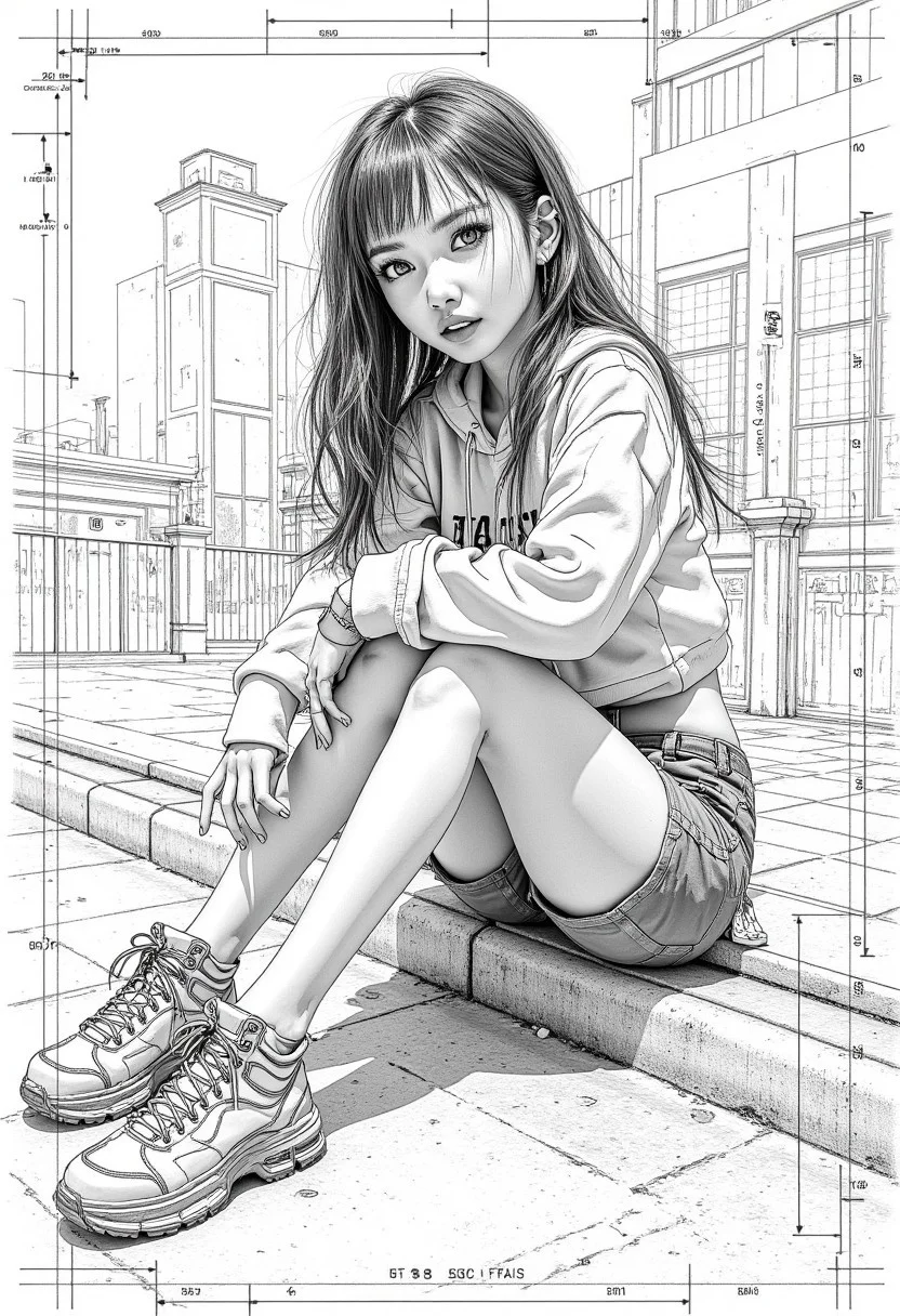 A technical CAD drawing of a aesthetic, asian girl in a dynamic pose taken on a fish eye lens, sitting on the street corner, she has a rebellious pissed off expression and is wearing urban streetwear, in the style of flash photography, realistic body traits, schematics and geometrical lines