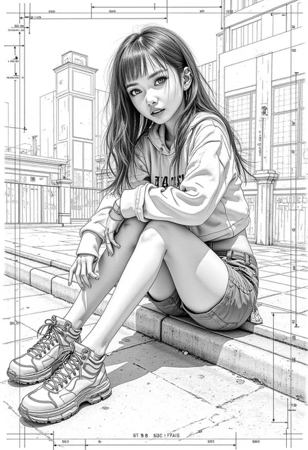 A technical CAD drawing of a aesthetic, asian girl in a dynamic pose taken on a fish eye lens, sitting on the street corner, she has a rebellious pissed off expression and is wearing urban streetwear, in the style of flash photography, realistic body traits, schematics and geometrical lines
