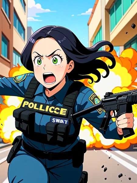 anime, illustration, best quality, (masterpiece:1.4), (high quality:1.4), sharp focus, 4k, absurd resolution, detailed hands, curly hair, long hair, (black hair:1.6), 1girl, mature female, (parted hair:1.7), (round face), (no_bangs:1.3), (no_fringe:1.6), <lora:ETO_OC_XL:0.7>, (thick eyebrows:0.9), (plump:0.8), round-chin, (greenish brown eyes), (brownish green eyes), caucasian, down-turned eyes, 1girl, (forehead:0.65), <lora:swat gear_xl:0.5> swat gear, weapon, gun, black uniform, police, rifle, street, officers, soldier, military, officer, shooting, firing, screaming, explosion, jumping, chaos, debris,