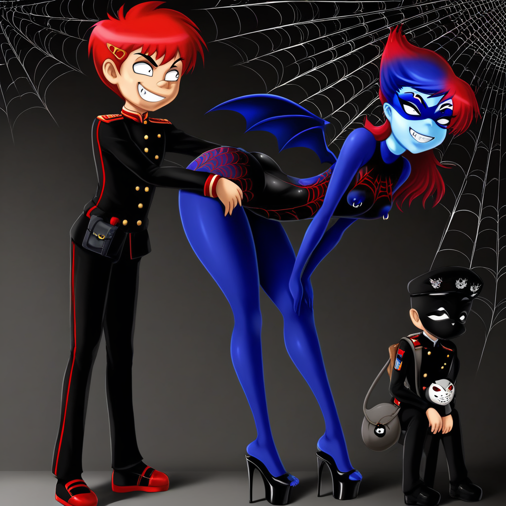 one-piece swimsuit, mask, grin, 1boy, capri pants, hugging own legs, nipple piercing, platform heels, red hair, bat wings, spider web print, body fur, blue skin, uniform, animal nose, food, navel, bag, hairclip, bent over, military uniform, silk, ass