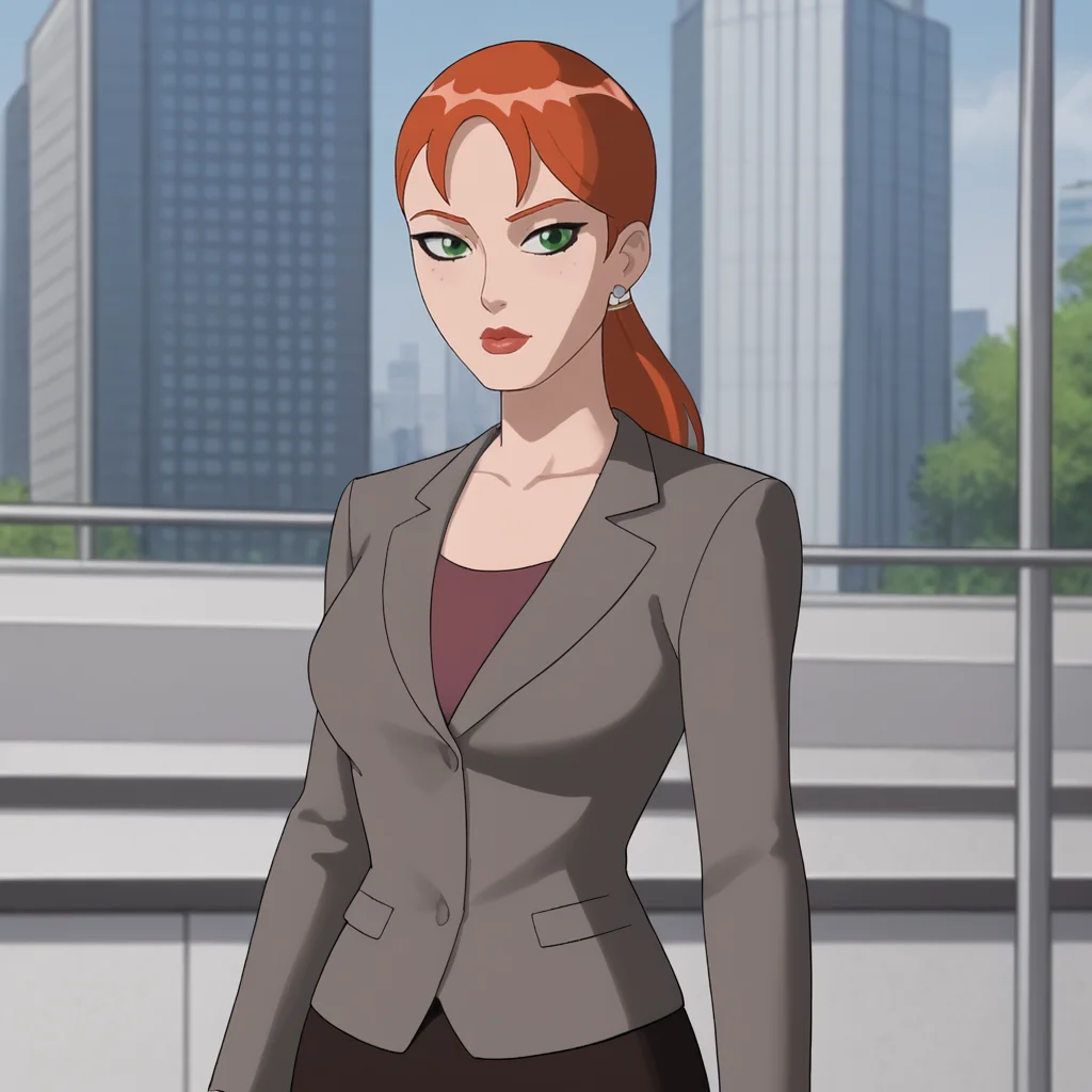 <lora:pepperpottsemh_pony_v1:.7> pepperpottemh, 1girl, pencil skirt, green eyes, grey jacket, lipstick, ponytail, red hair, earrings, jewelry, makeup, black skirt, office lady, formal, long hair, suit, shirt