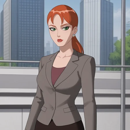<lora:pepperpottsemh_pony_v1:.7> pepperpottemh, 1girl, pencil skirt, green eyes, grey jacket, lipstick, ponytail, red hair, earrings, jewelry, makeup, black skirt, office lady, formal, long hair, suit, shirt