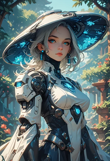 score_9, score_8_up, score_7_up, score_6_up, score_5_up, score_4_up,(a close up cinematic shot of a beautiful female Cyborg Samurai, wearing blue and white armor, beautiful white hair, blue eyes, garden in background, HD, masterpiece, best quality, hyper detailed, ultra detailed:1.2)
