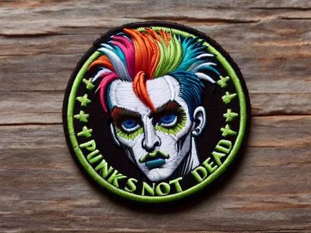 ("punks not dead" text logo:1.5), a male punk with Iroquois hair cut <lora:ral-embroideredpatch:0.8> ral-embroideredpatch <lora:Harrlogos_v1.1:0.7>, punky style